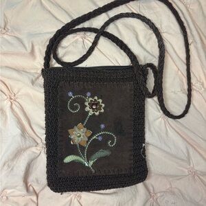 Floral Embroidered Brown Crossbody Bag